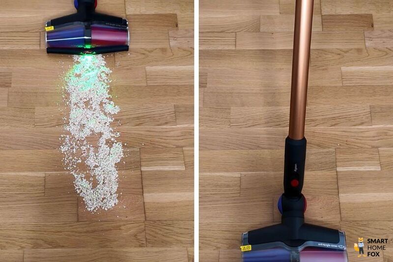 Der Dyson V16 Piston Animal saugt Haferflocken auf Hartboden im Testbereich.